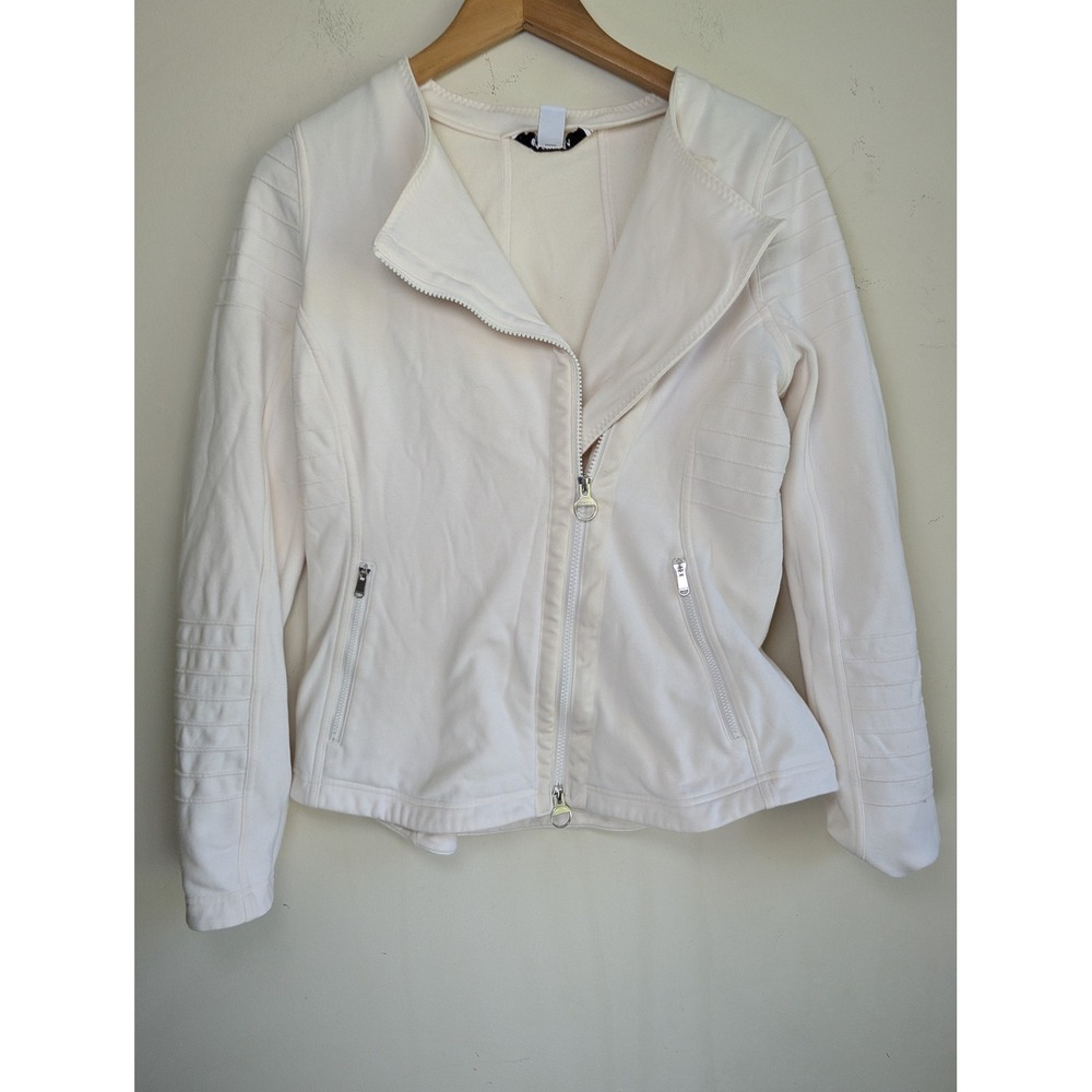 ATHLETA Knit Moto Jacket Womens M Cream Cotton Blend Asymmetrical Zip Athleisure